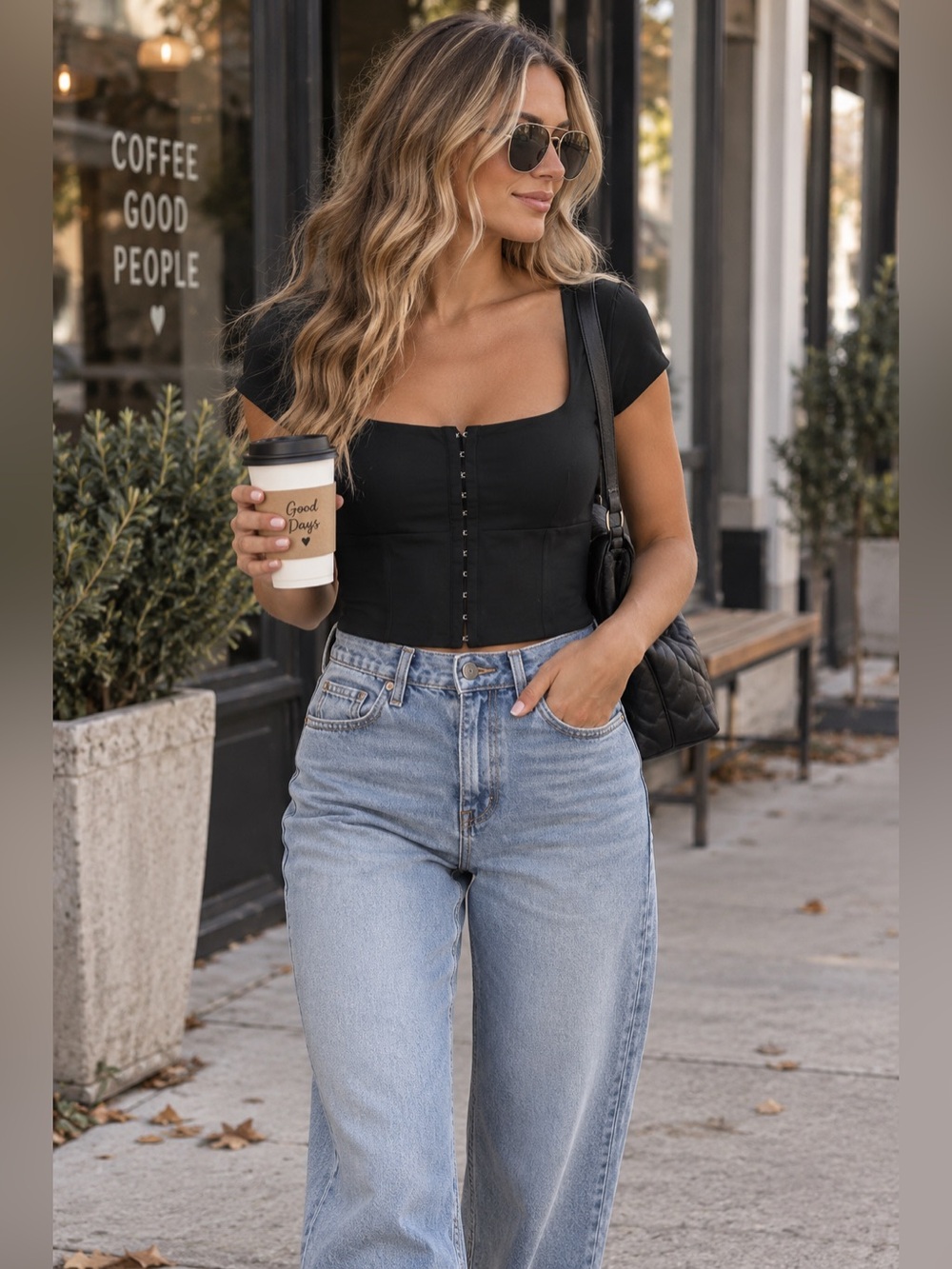 🫎ABERCROMBIE Cropped Square Neck Corset Lace Up Short Sleeve Top - Medium